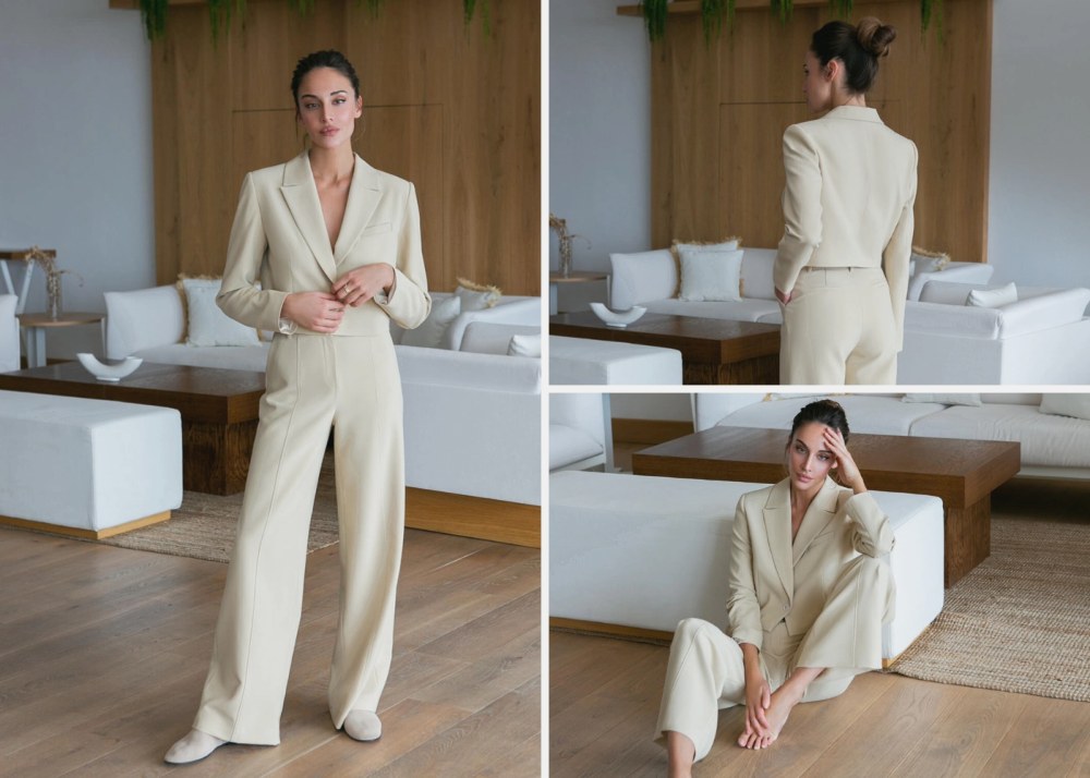 бежевий жіночий брючний костюм з піджаком